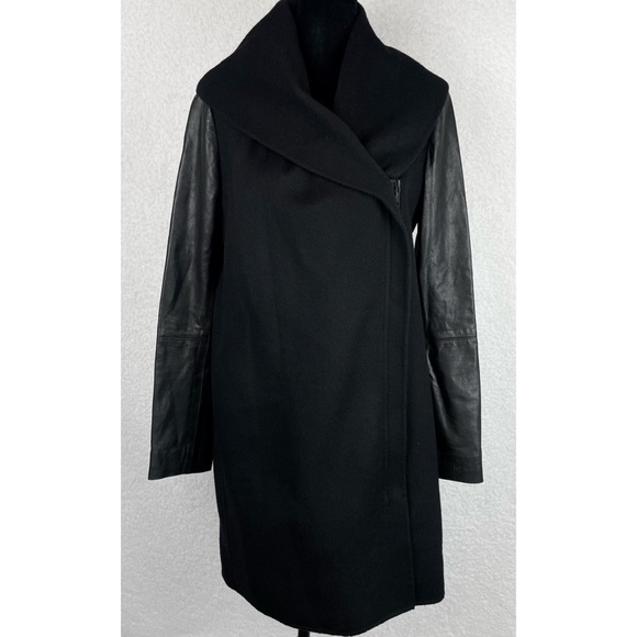 VINCE • Black Leather-Sleeve Shawl Collar Wool Trench Coat - Picture 14 of 15